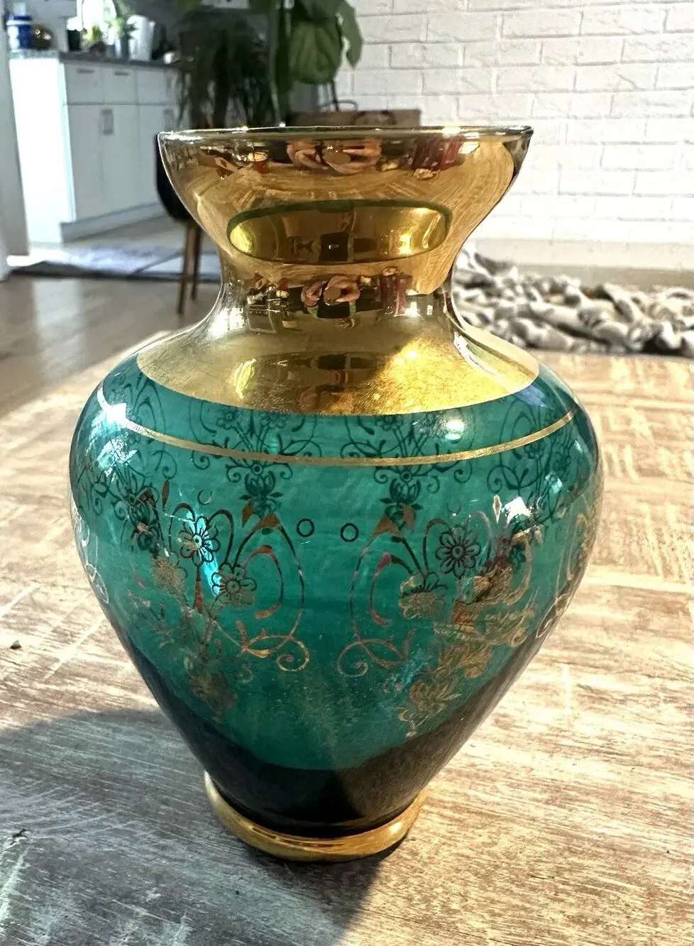 Vintage Murano Emerald Green Art Glass Vase w/24K Gold Trim From Greece